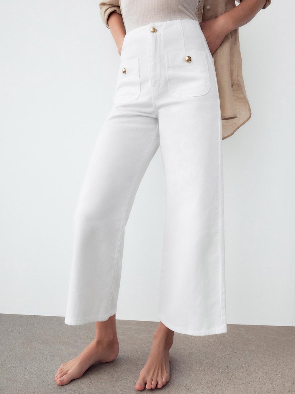 Zara Wide Leg Cropped High-Rise White Denim Jeans Sailor Gold Button Pockets
